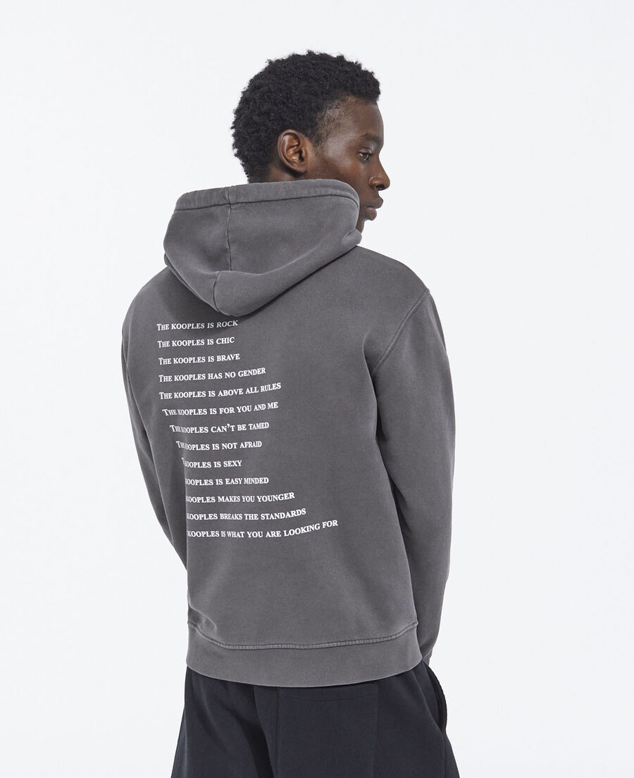 light gray hoodie with what is print