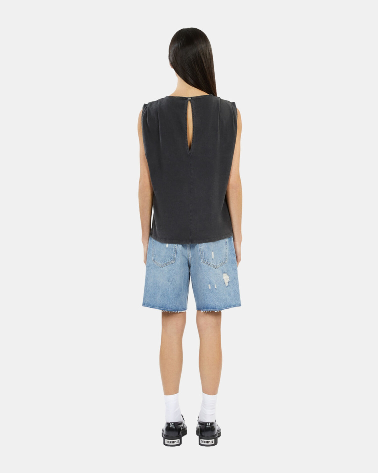 Black top with pleating, BLACK, hi-res image number null