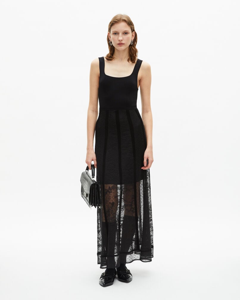 The Kooples DAMEN BLACK langes kleid aus strick und spitze in schwarz