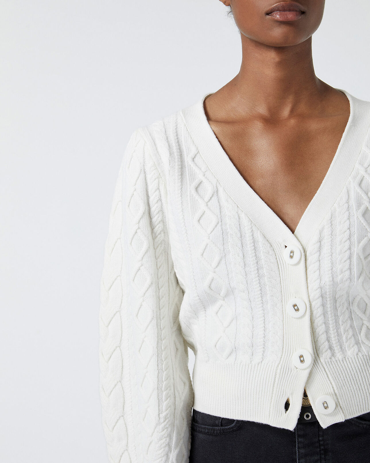 The Kooples WOMEN WHITE cashmere-wool ecru cardigan w/fabric buttons