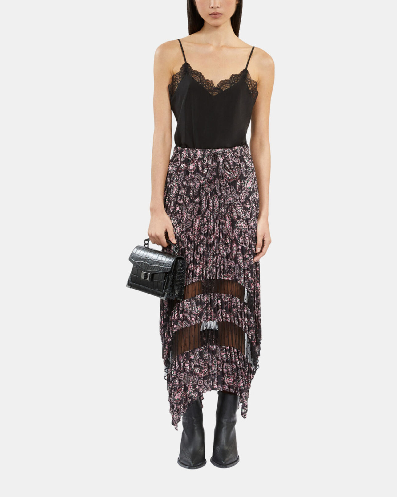The Kooples WOMEN BLACK / PINK black and pink paisley print pleated long skirt with mesh inserts