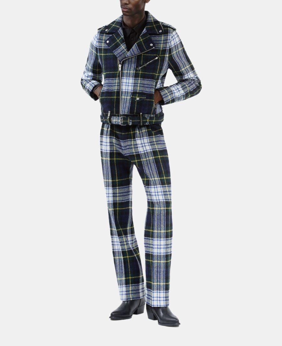 The Kooples H GREEN-WHITE green and navy blue check wool biker jacket the kooples x harris twed