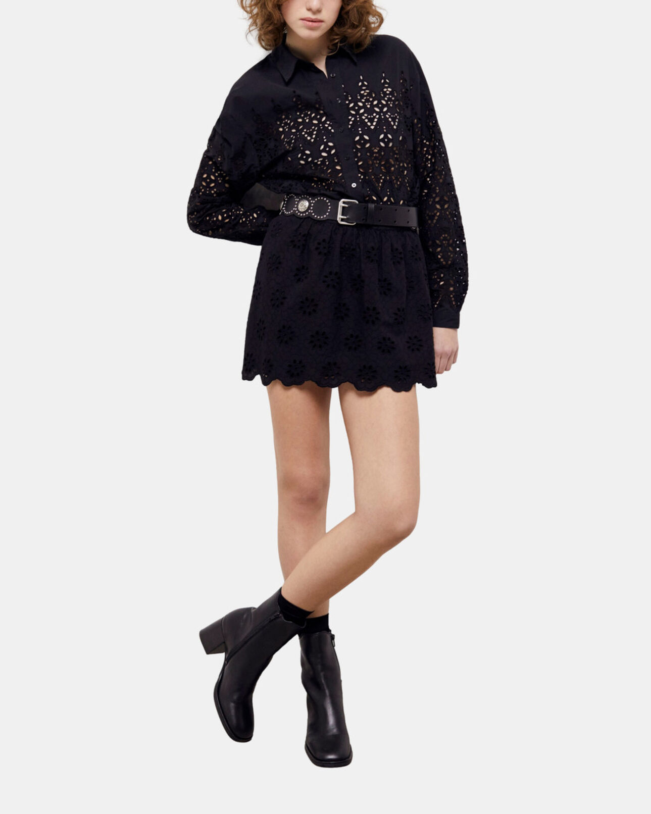 The Kooples FEMME BLACK jupe courte noire en broderie anglaise