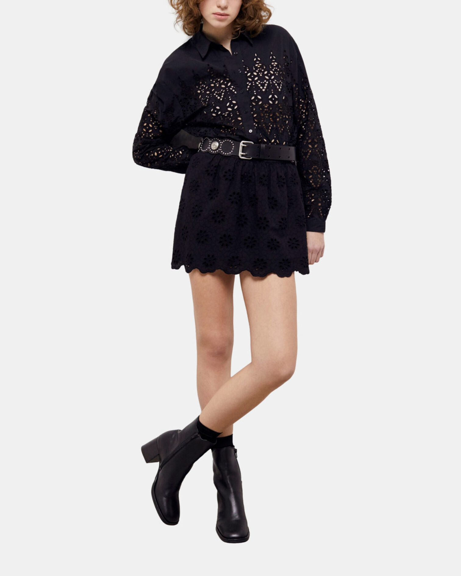 Jupe courte noire en broderie Anglaise, BLACK, hi-res image number null