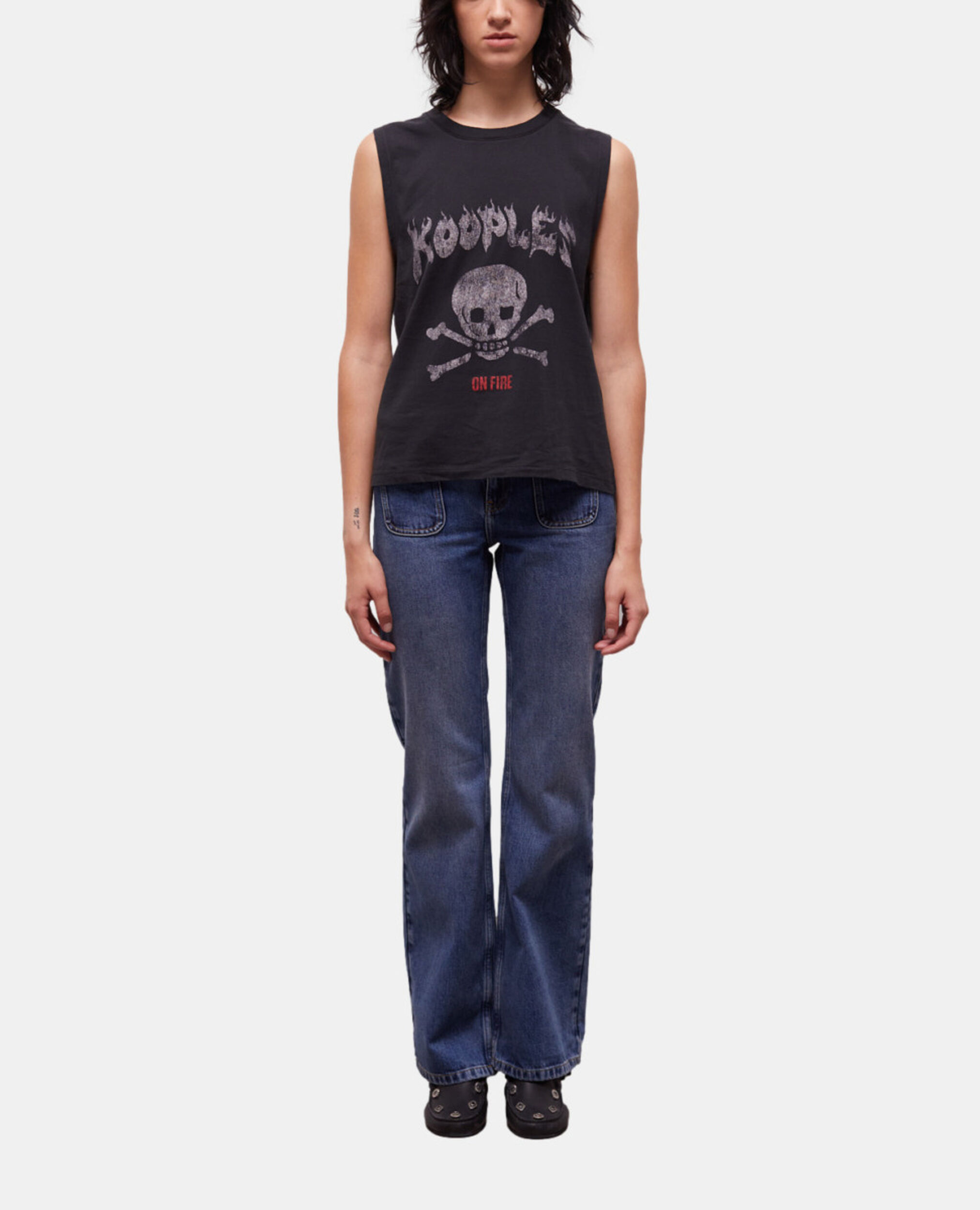 Women's black screen print t-shirt, BLACK WASHED, hi-res image number null
