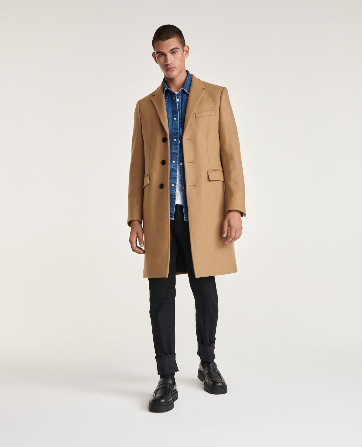 Beige straight cut wool coat leather detail