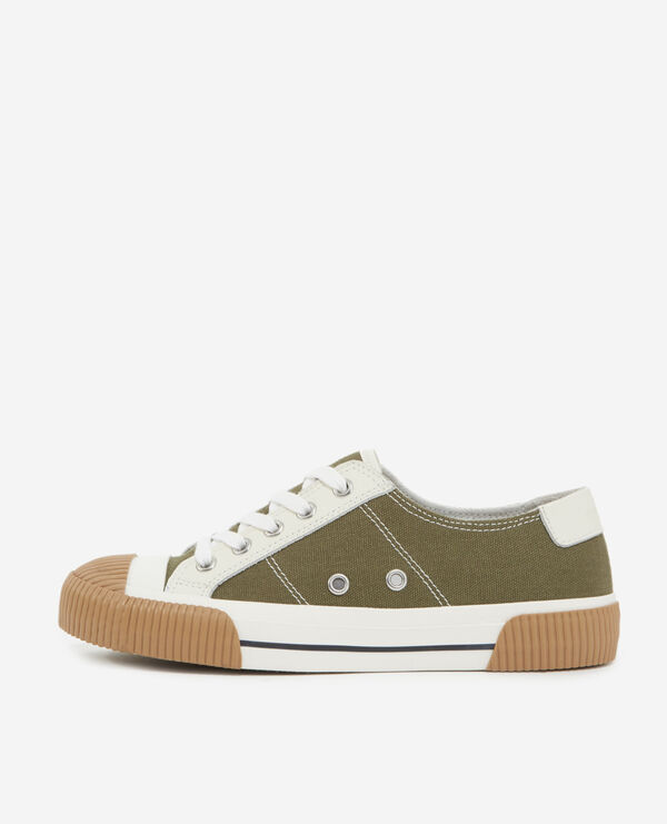 khaki low-top canvas sneakers with details