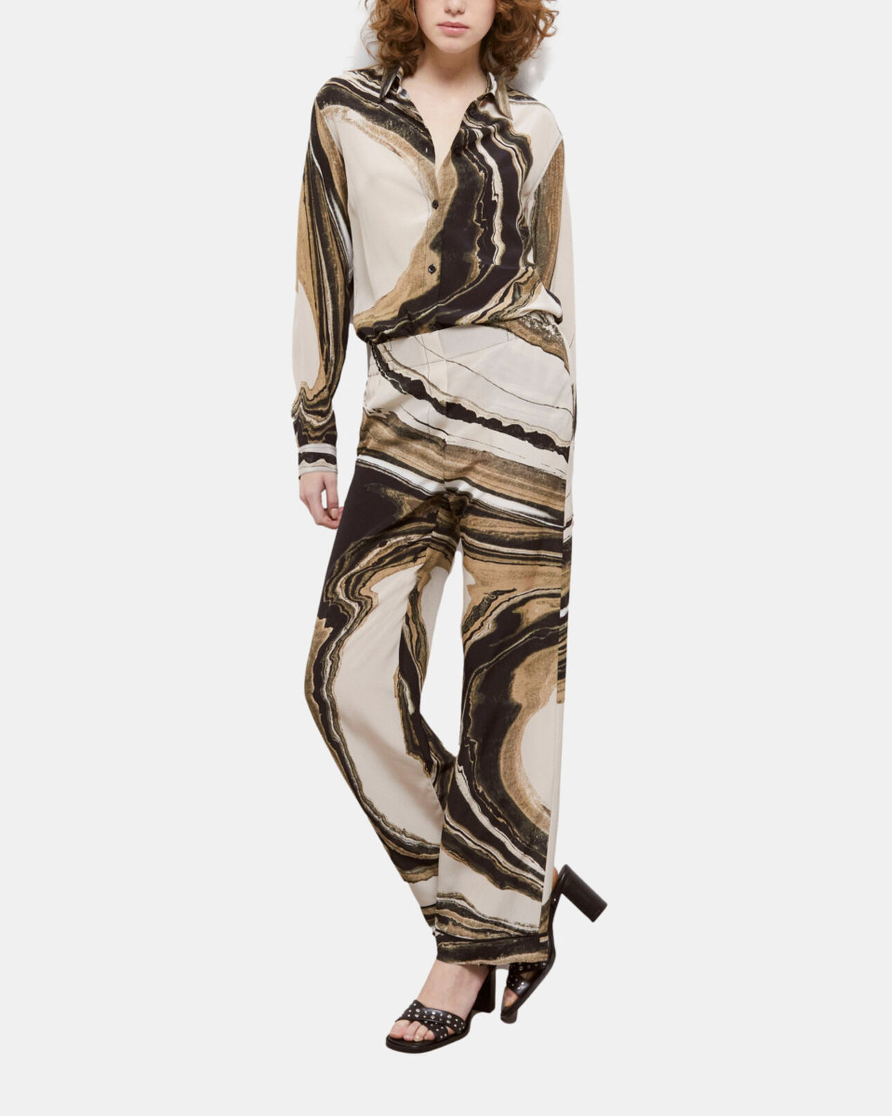 The Kooples WOMEN BEIGE-BROWN printed flowing silk pants