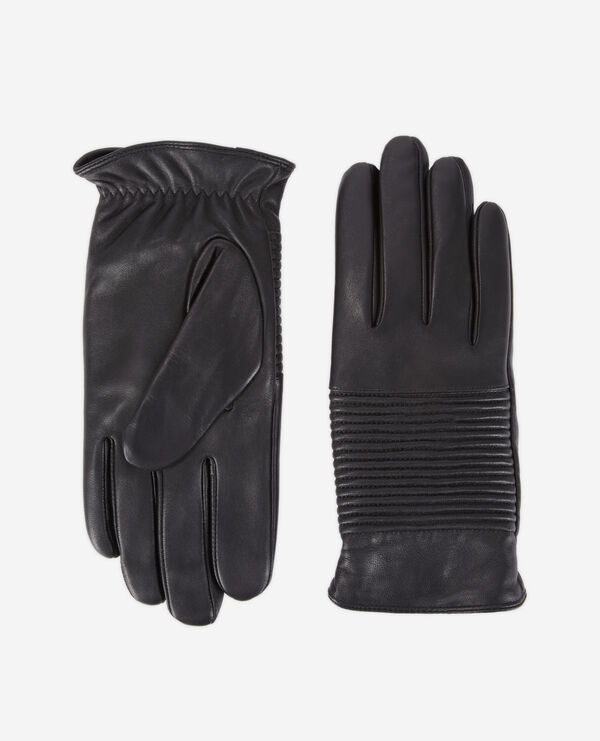 gants homme en cuir noir avec nervures