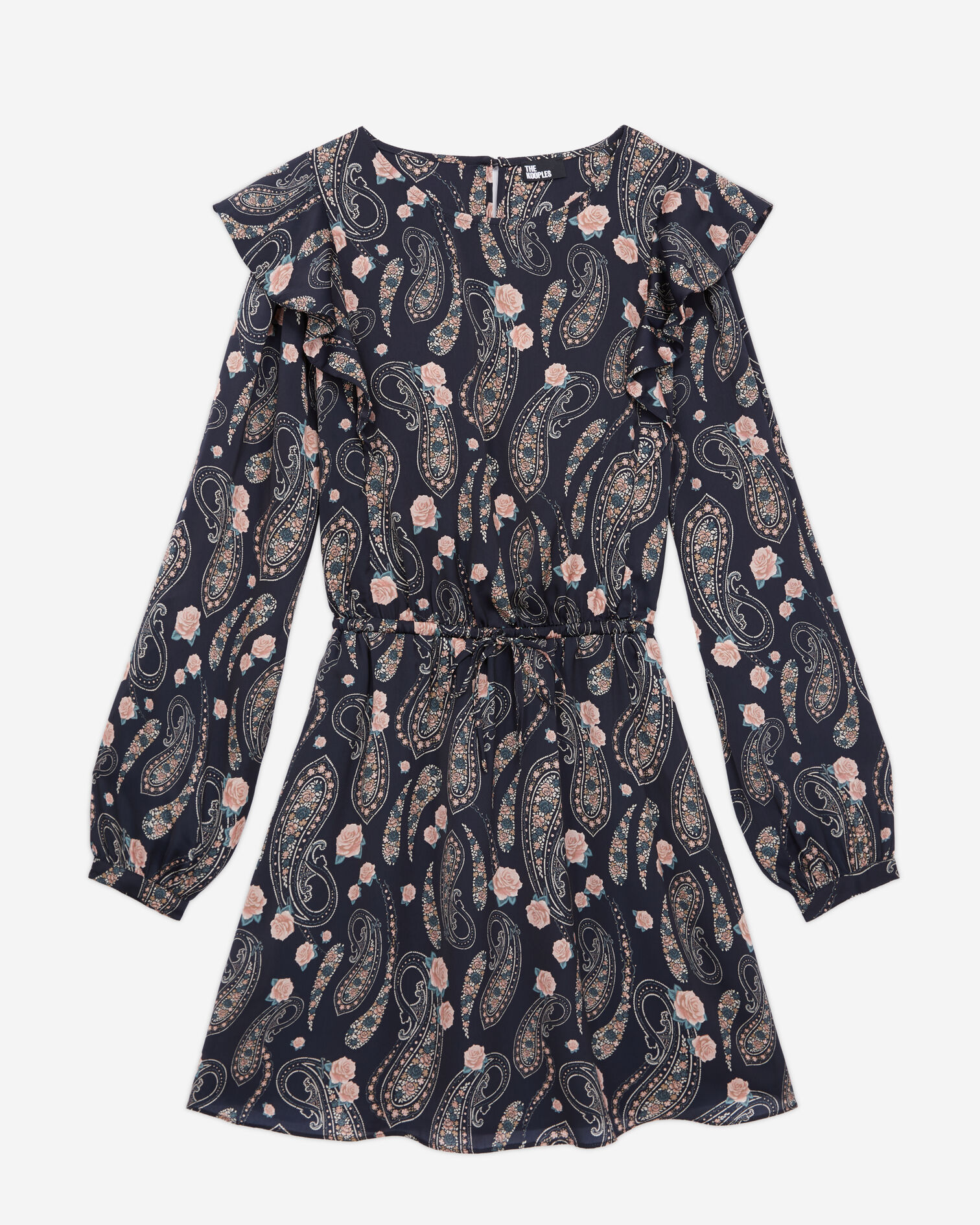 Robe courte imprimée avec volants, BLACK / PINK, hi-res image number null