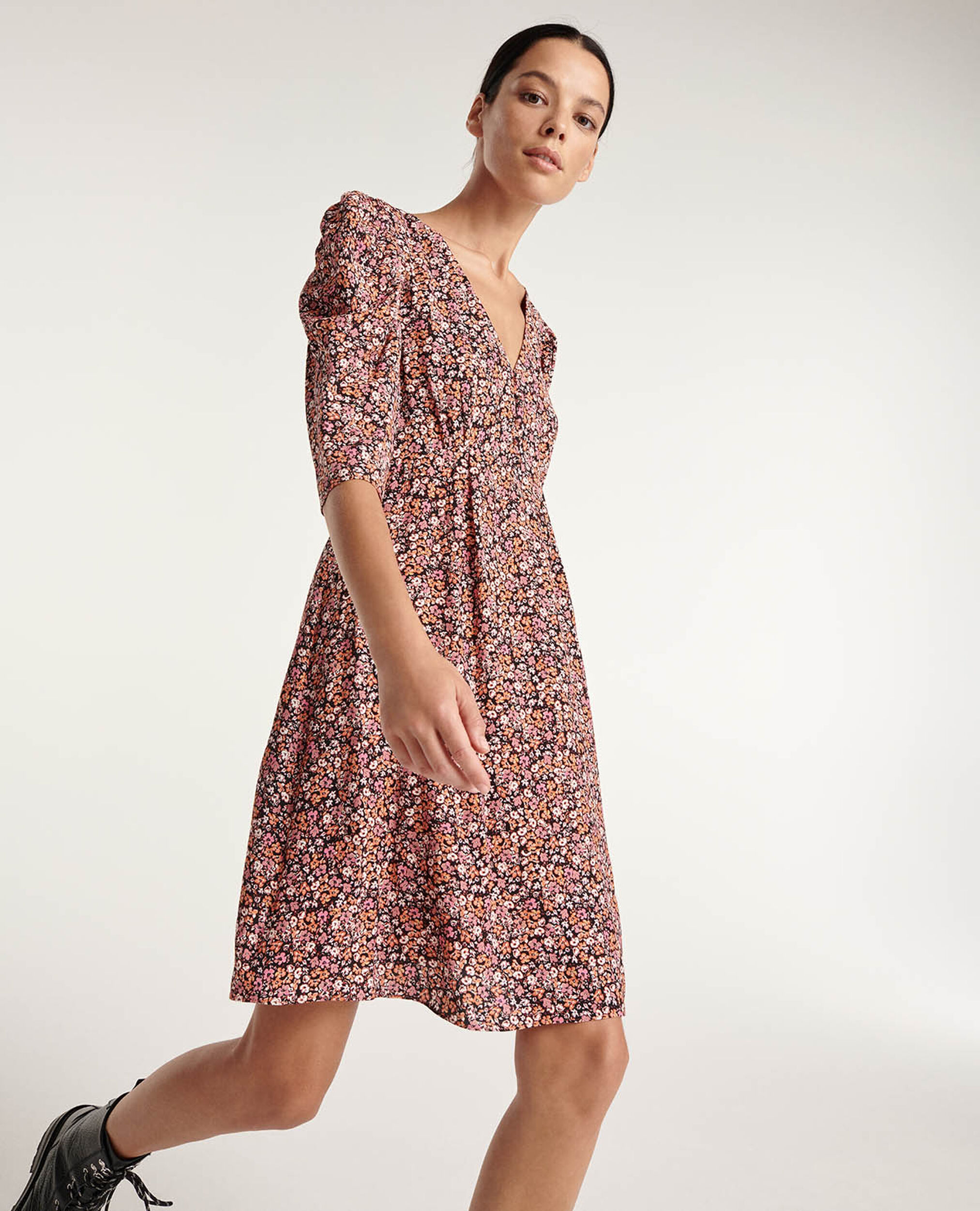 Short printed dress with gathered shoulders, PINK, hi-res image number null