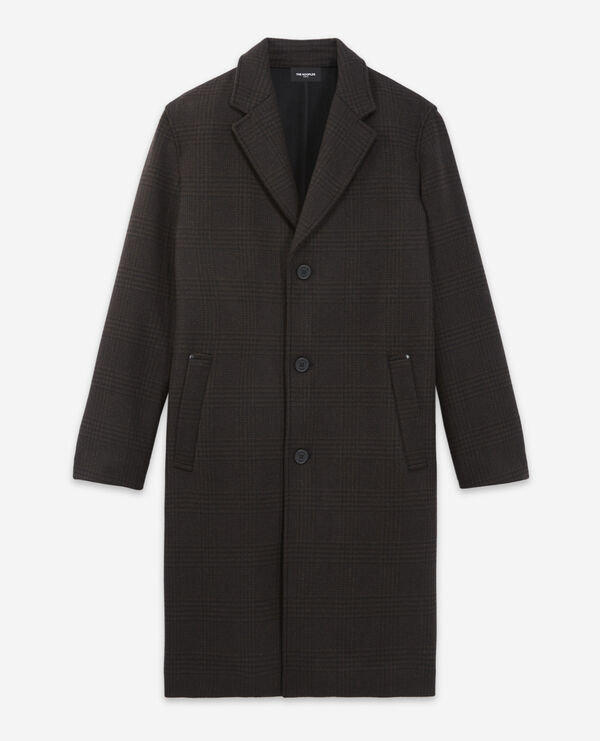 long black and brown checked coat