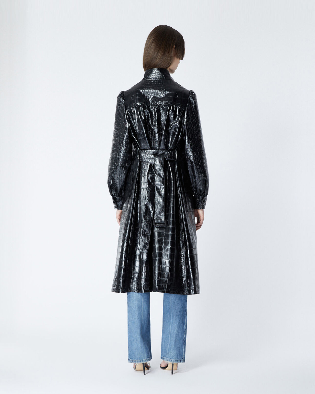 The Kooples DAMEN BLACK schwarzer langer mantel mit lederkragen