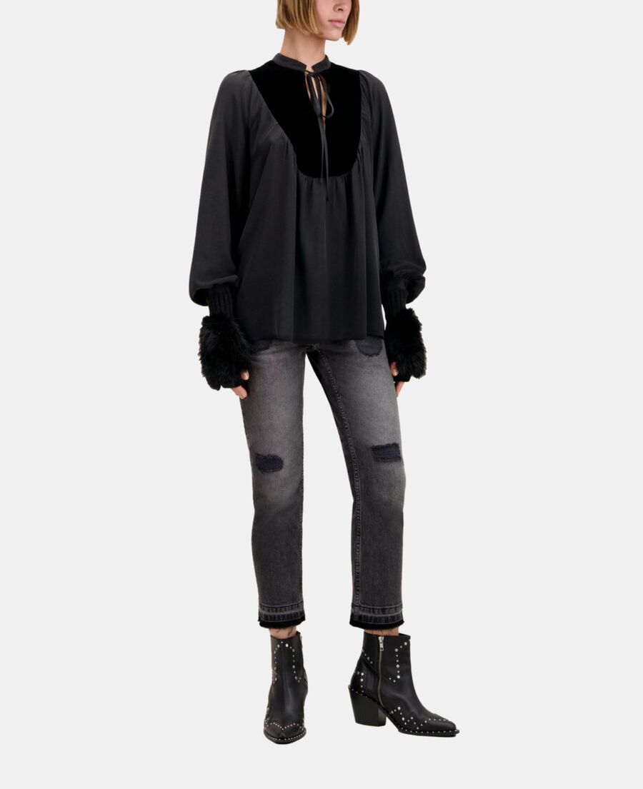 The Kooples F BLACK black silk top with velvet details