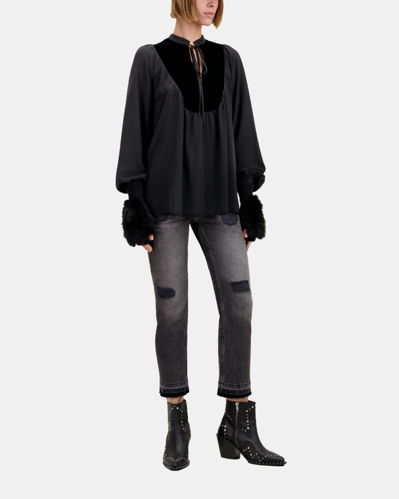 The Kooples WOMEN BLACK black silk top with velvet details