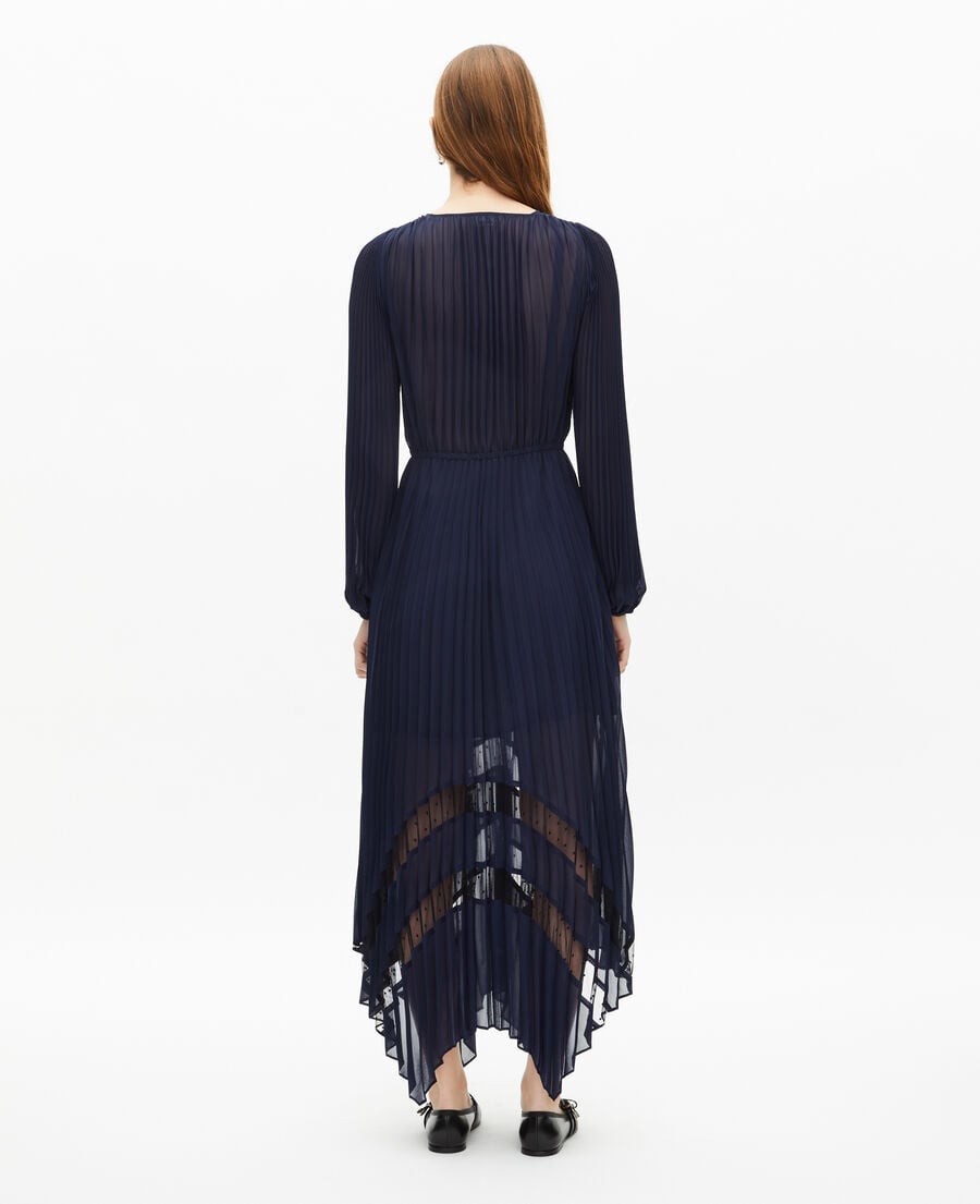 The Kooples DAMEN NAVY langes plissiertes kleid mit spitze marineblau