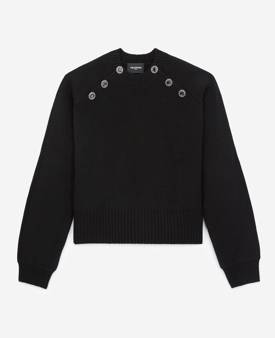 crew neck black wool sweater jewel detail