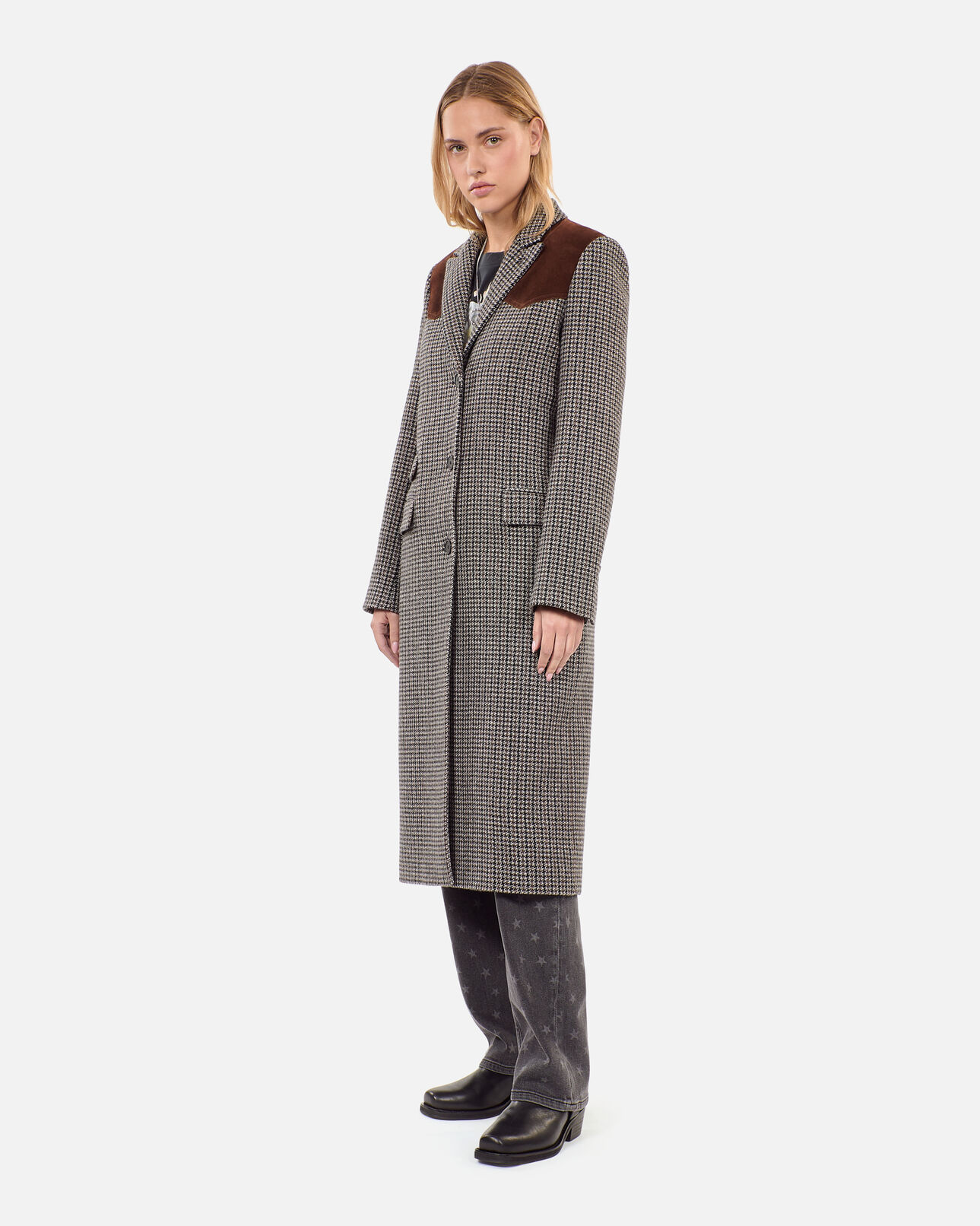 The Kooples WOMEN BLACK WHITE long black and white houndstooth coat