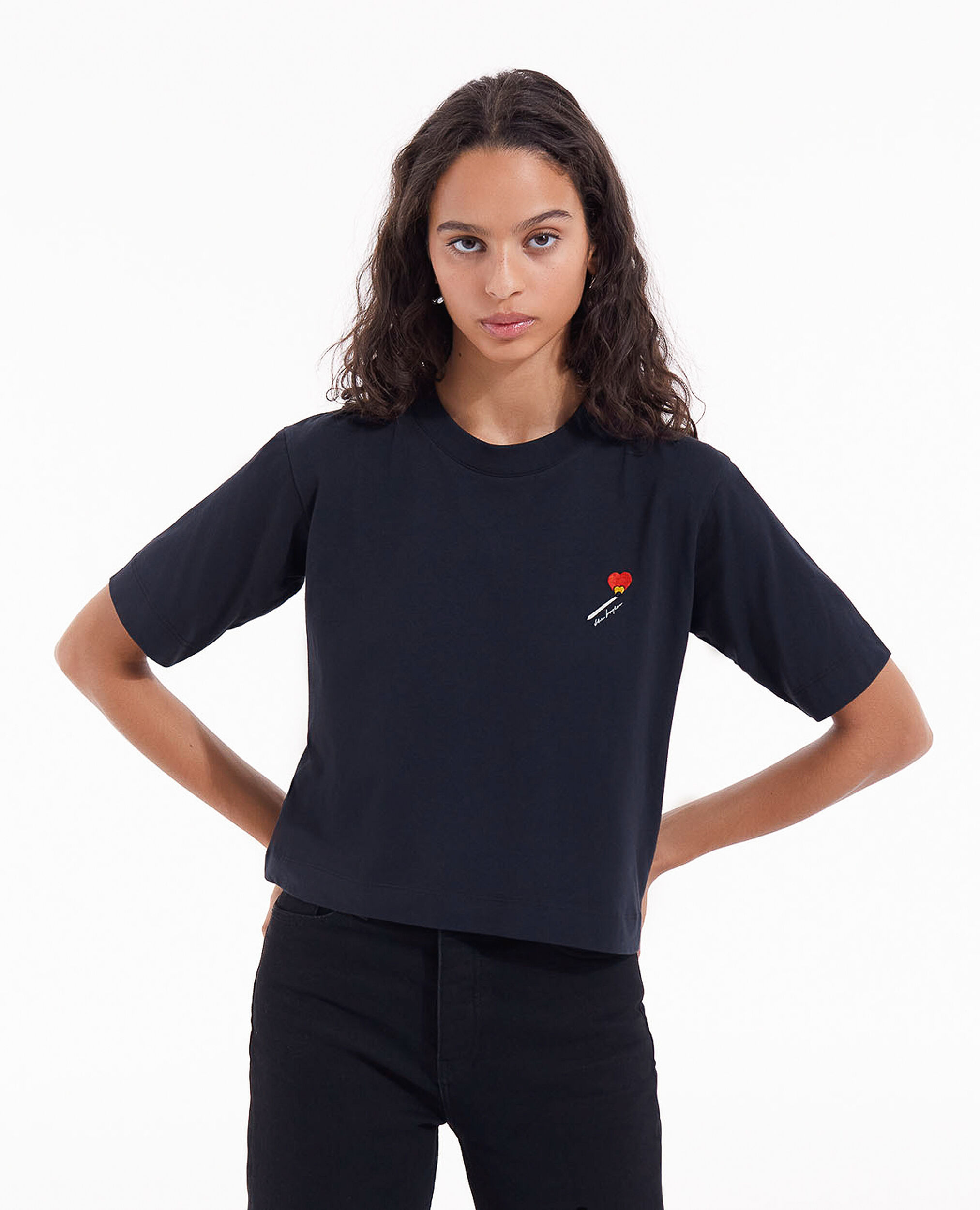 Black cotton T-shirt w/ matchstick embroidery, BLACK, hi-res image number null