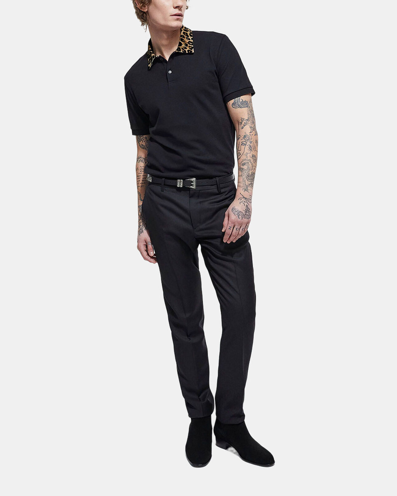 The Kooples MEN BLACK polo with leopard print collar
