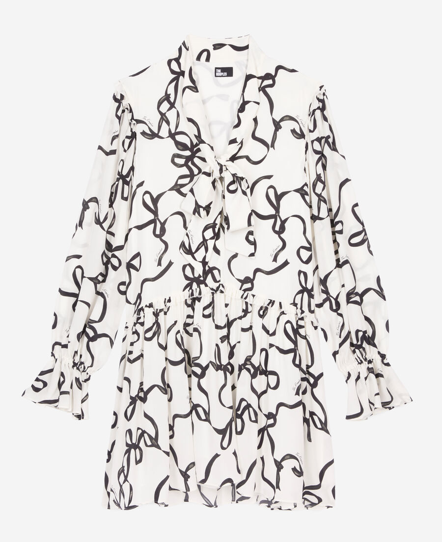 The Kooples FEMME WHITE / BLACK robe courte en soie imprimé rubans