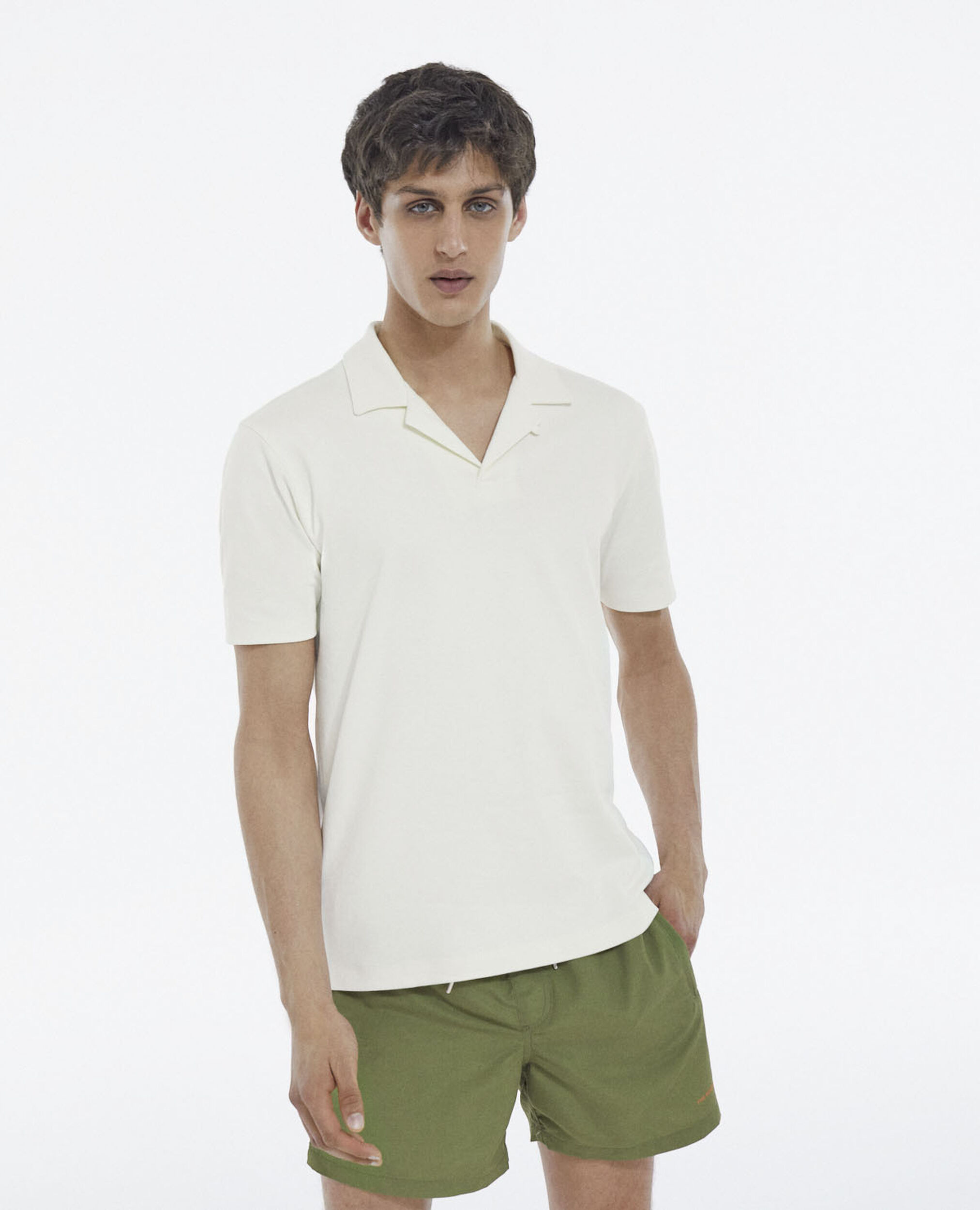 Ecru short-sleeved polo with Cuban collar, ECRU, hi-res image number null