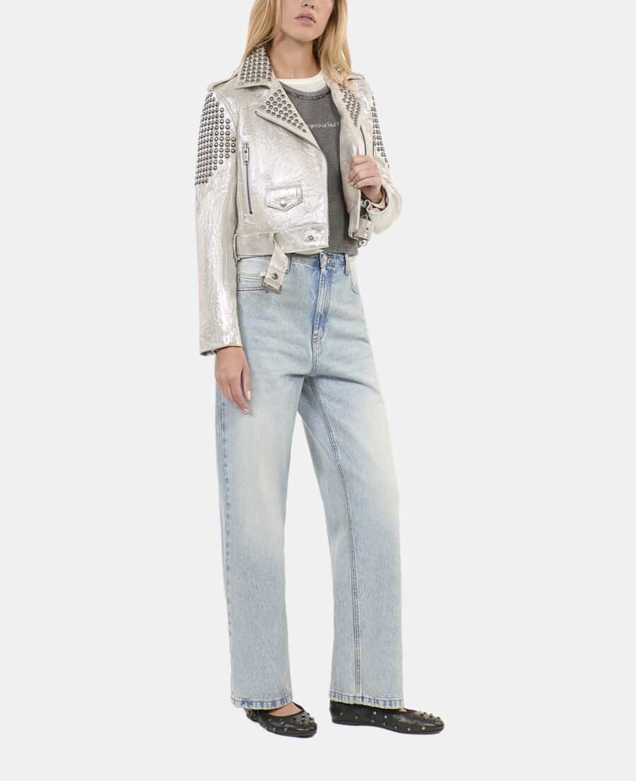 The Kooples WOMEN 52 ARGENT VIEILLI CORNE studded silver leather jacket