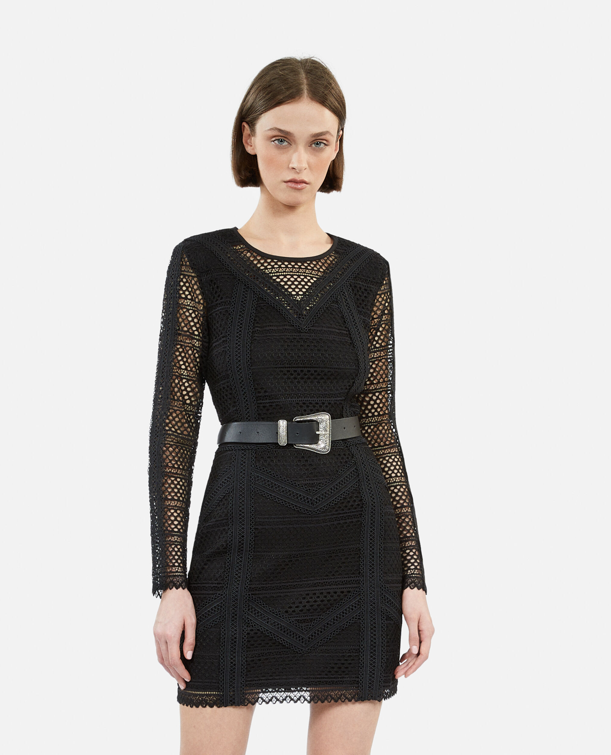 Schwarzes, kurzes Kleid aus Guipure, BLACK, hi-res image number null
