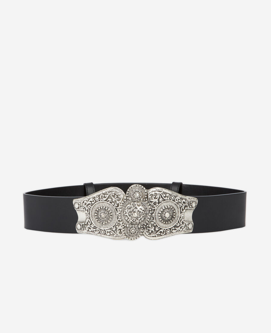 wide black leather belt with large western-style buckle
