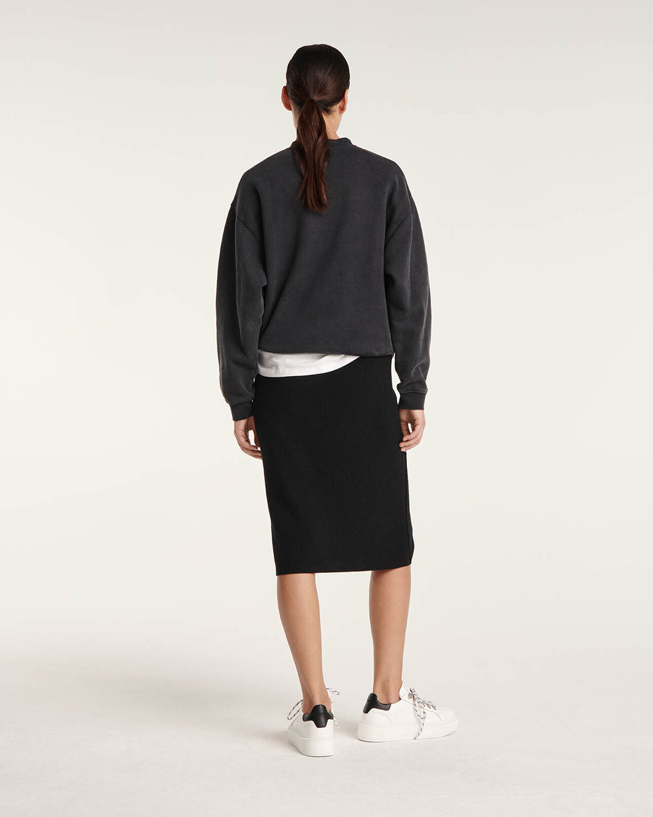 The Kooples WOMEN BLACK black ribbed wool/cashmere midi skirt