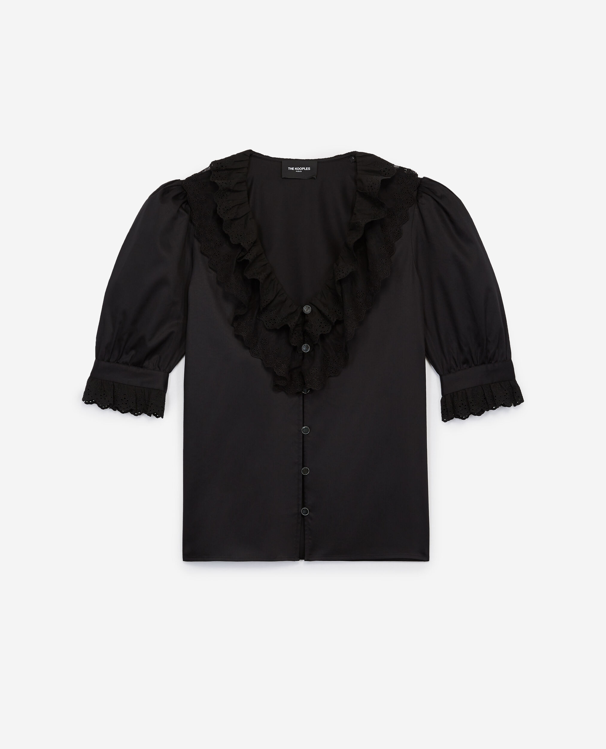 Buttoned black cotton shirt with frills, BLACK, hi-res image number null