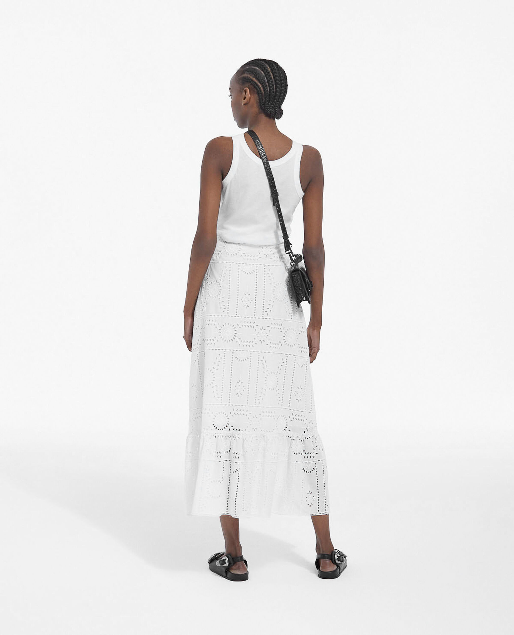 Flowing white cotton long skirt w/ embroidery, WHITE, hi-res image number null