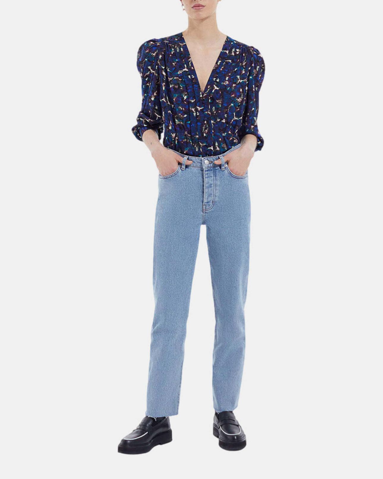 The Kooples WOMEN BLUE flowing blue top w/ pleating and floral motif