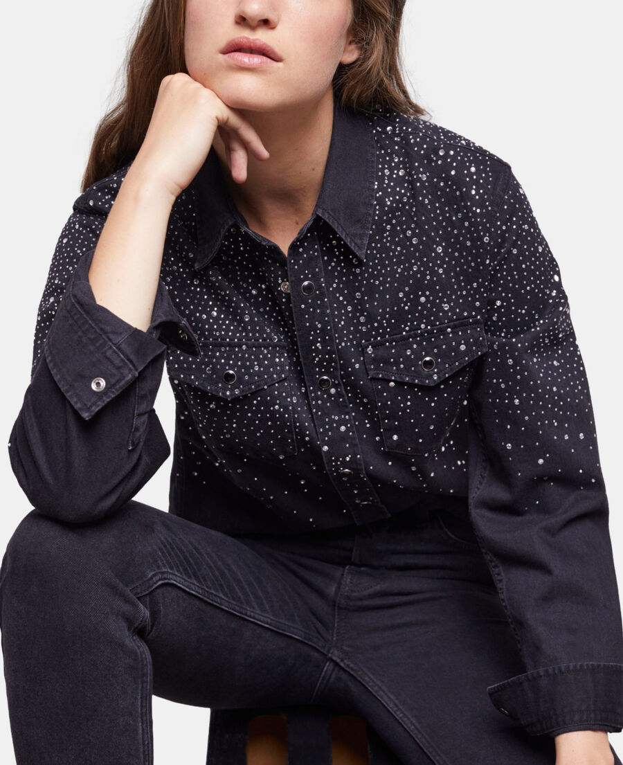 black shirt with rhinestone details