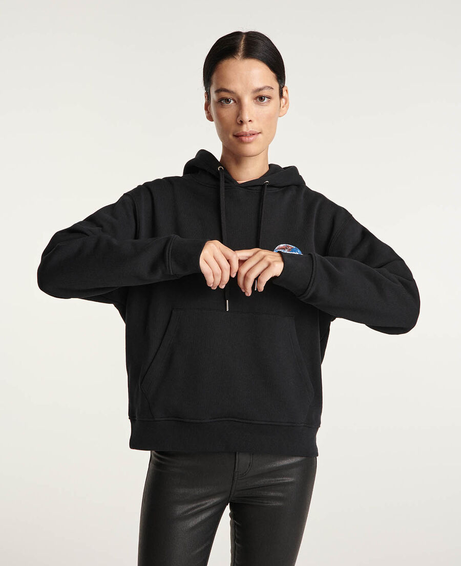 black hooded sweatshirt with planet logo