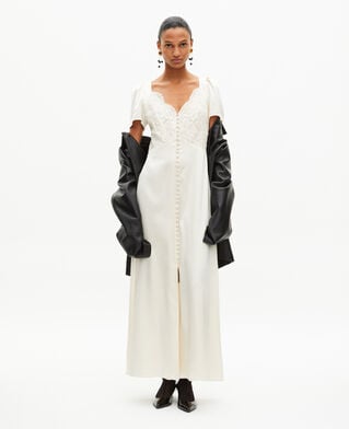 The Kooples DAMEN LIGHT BEIGE langes seidenkleid mit spitze ecru