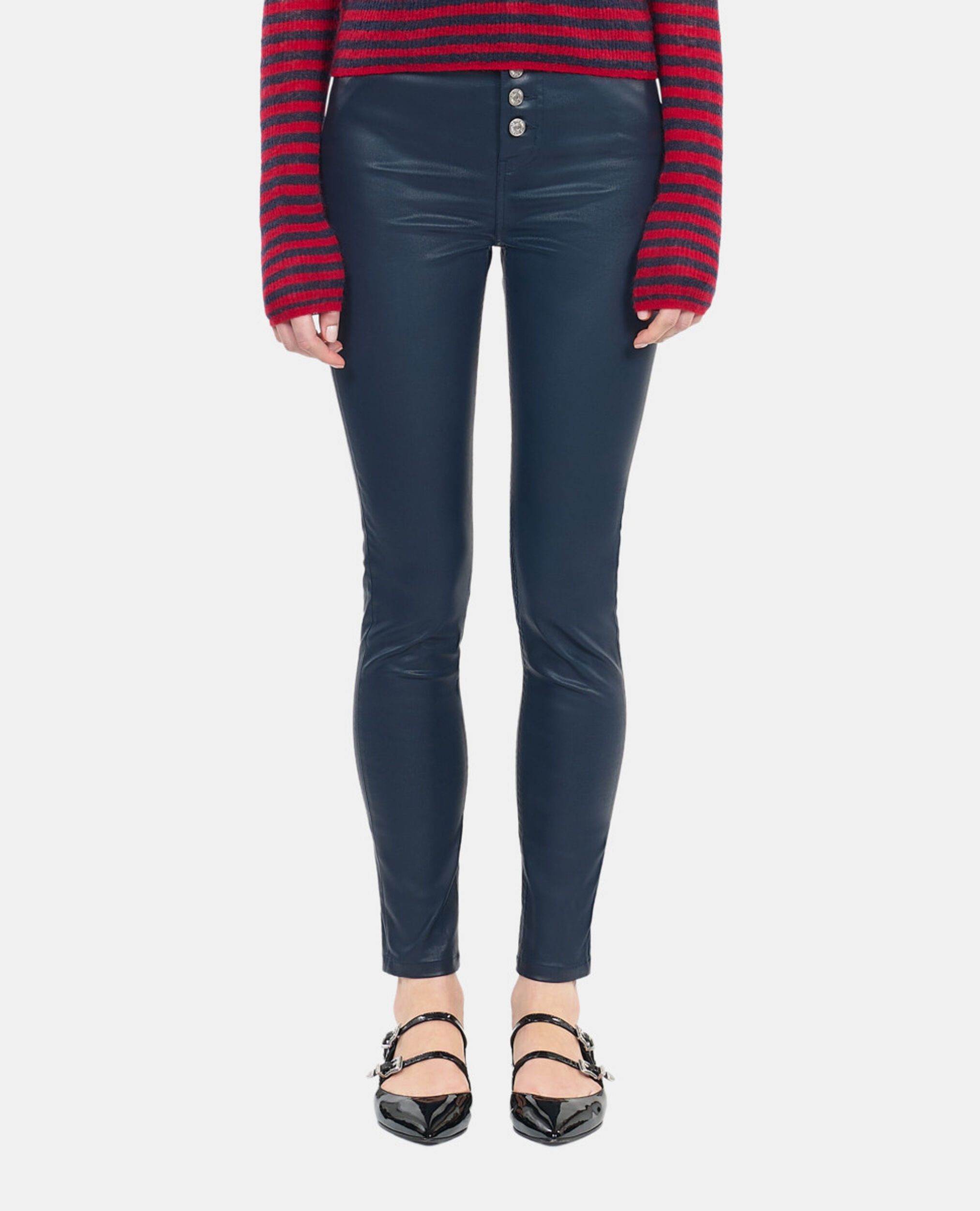 Navy blue leather-effect skinny jeans , NAVY, hi-res image number null
