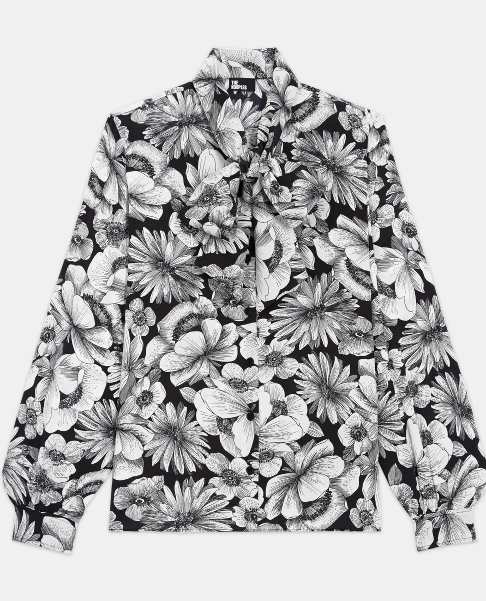 Floral silk shirt pussy bow collar, BLACK WHITE, hi-res image number null