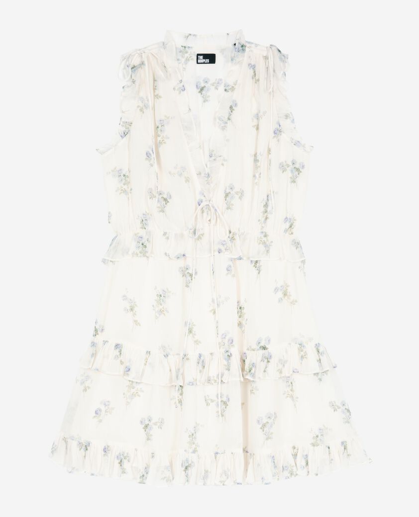 The Kooples F WHITE / SKY BLUE white floral print short dress with ruffles
