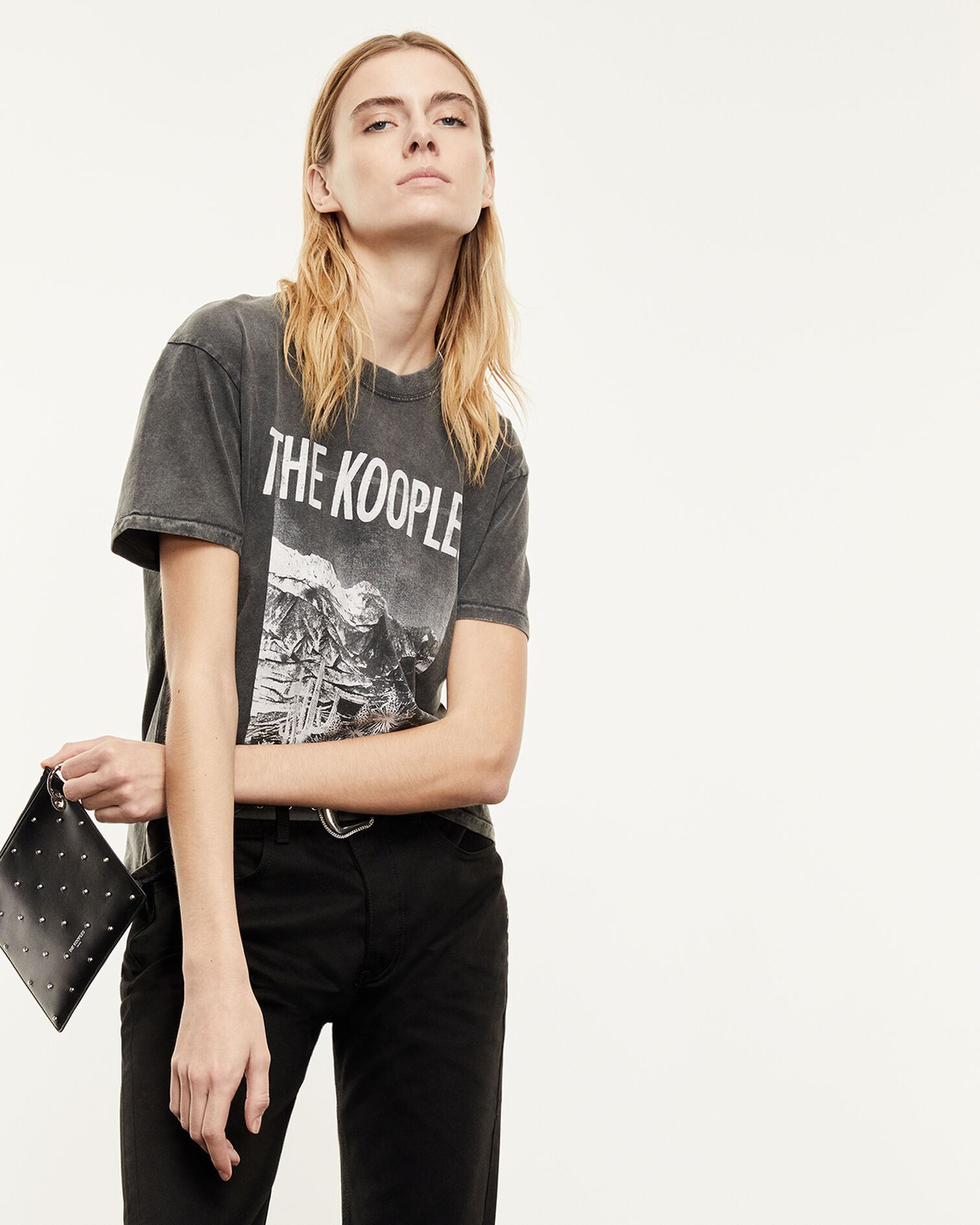 T-shirt noir délavé coton sérigraphié, BLACK WASHED, hi-res image number null