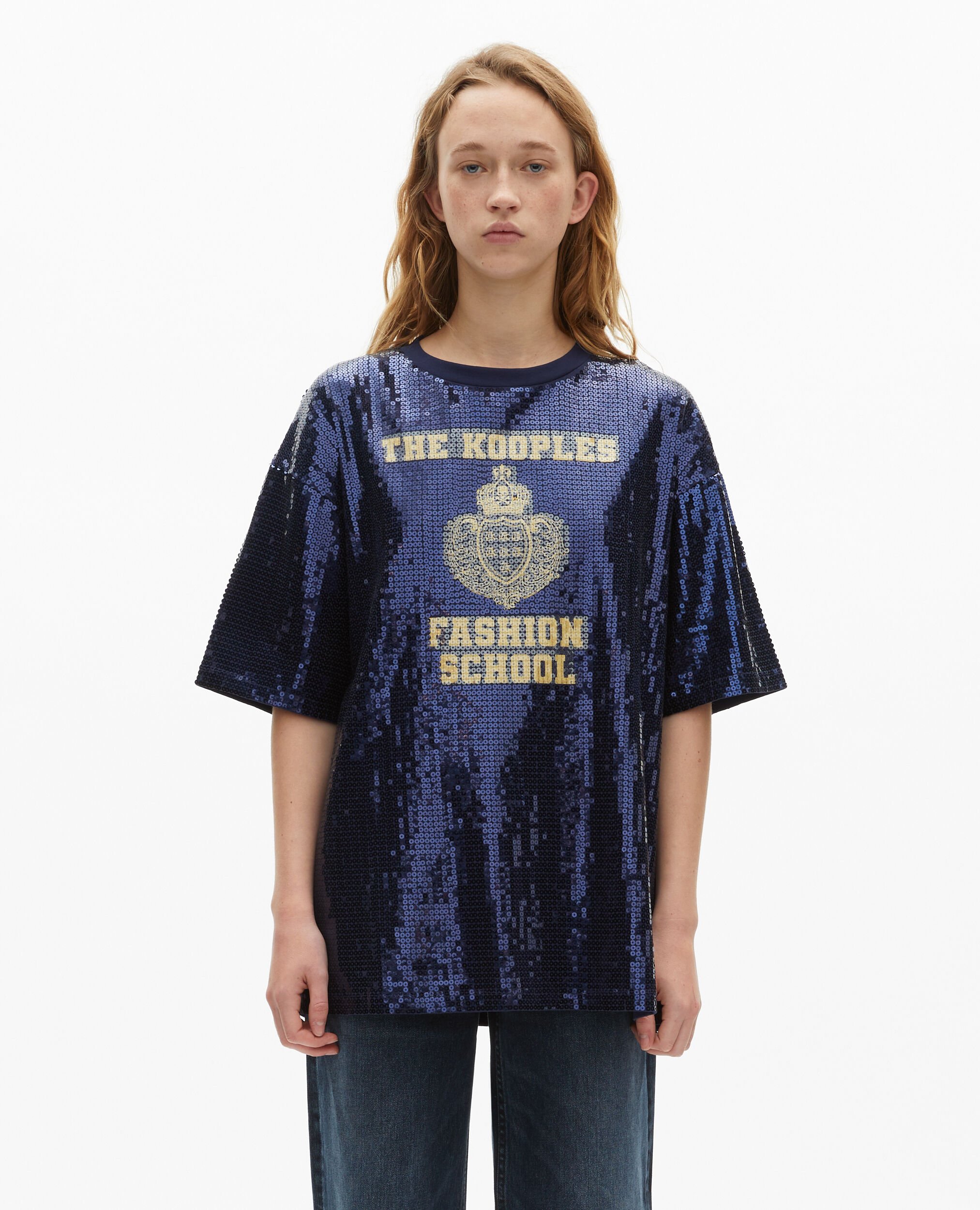 T-Shirt mit Pailletten und blauem Siebdruck, DARK NAVY, hi-res image number null