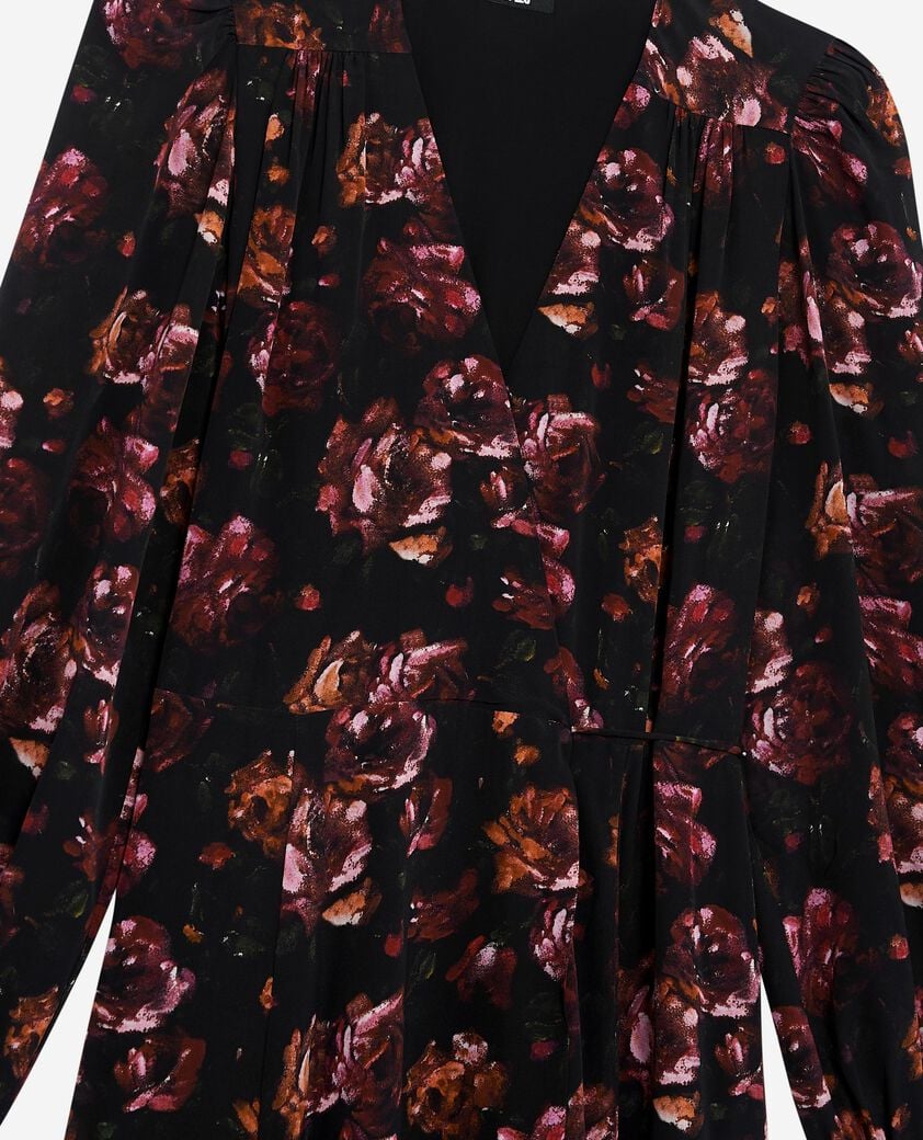 The Kooples FEMME BLACK - RED robe longue imprim&eacute; fleuri en soie m&eacute;lang&eacute;e bordeaux