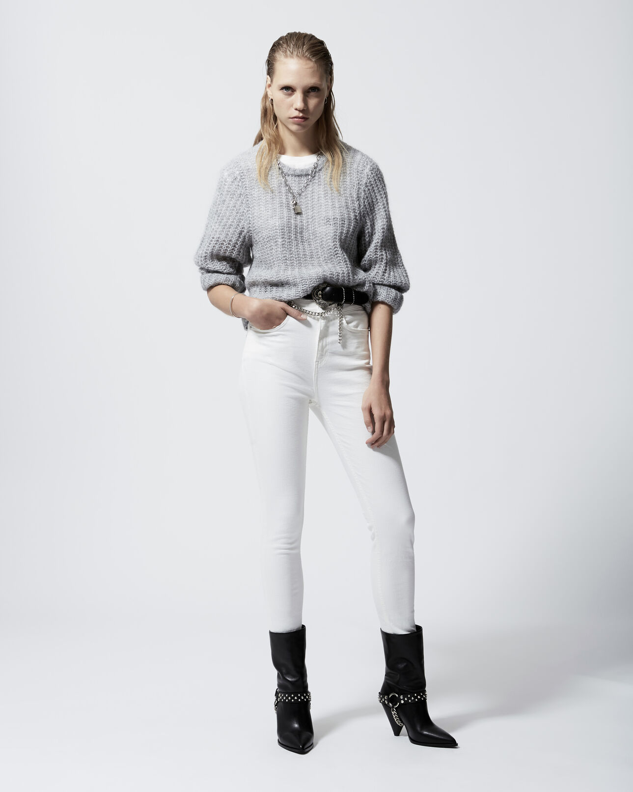 The Kooples WOMEN WHITE slim-fit white vintage jeans with chain belt
