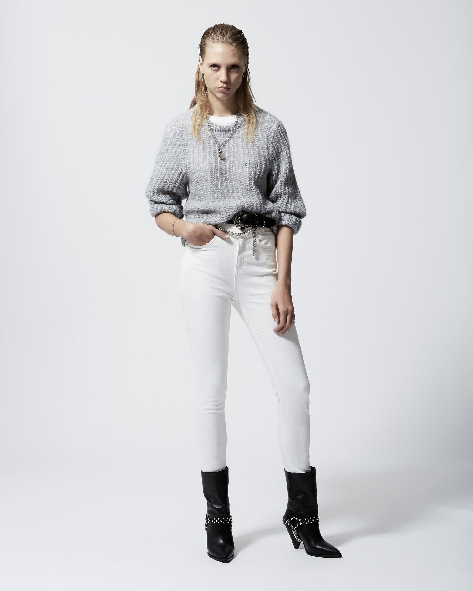 Slim-fit white vintage jeans with chain belt, WHITE, hi-res image number null