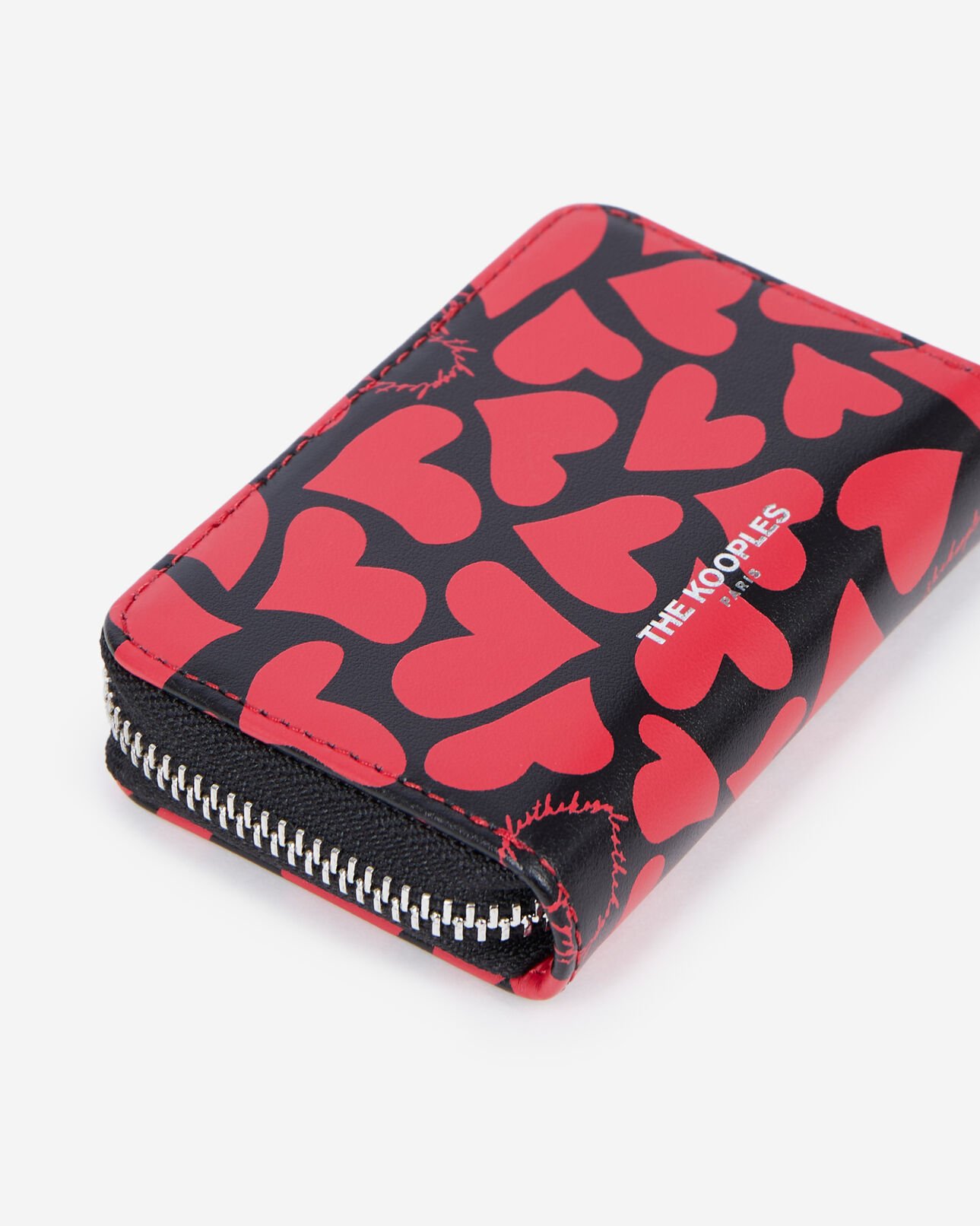 The Kooples WOMEN BLACK WHITE black leather coin purse with hearts print