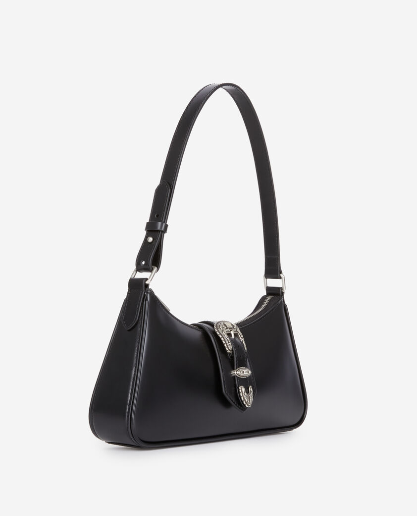 The Kooples WOMEN BLACK black glazed leather joe bag with western buckle