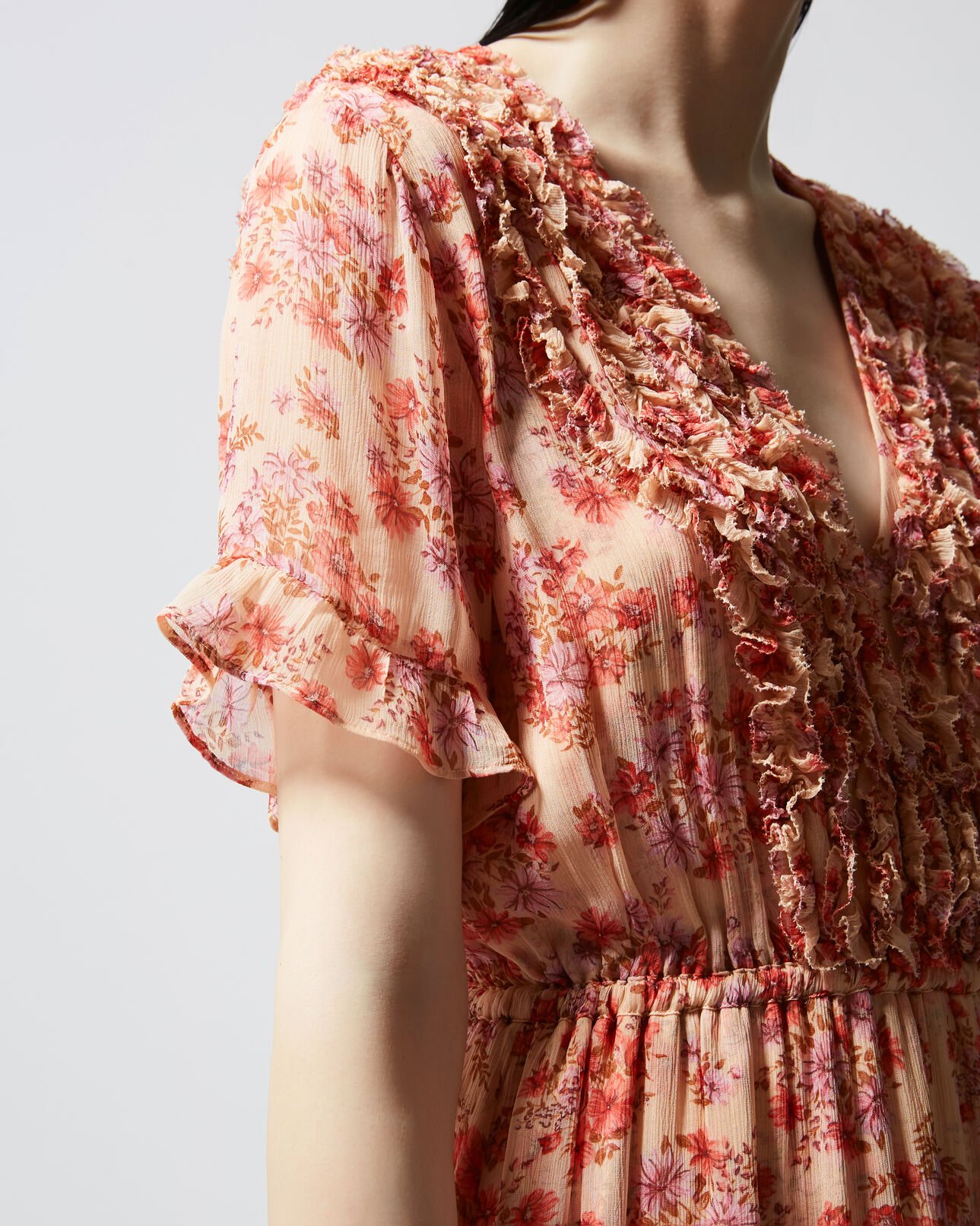 The Kooples FEMME LIGHT PINK robe longue imprimé rose à volants