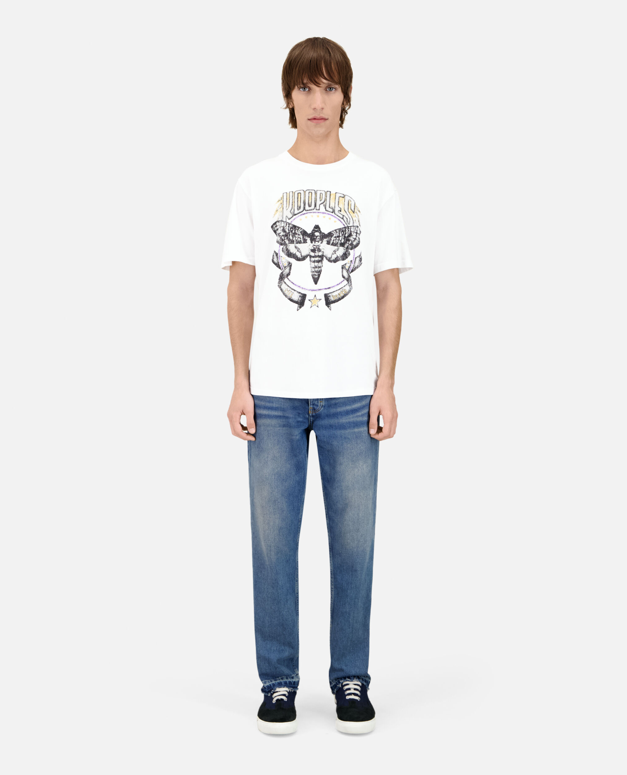 Weißes T-Shirt mit Skull-Butterfly-Siebdruck, WHITE, hi-res image number null
