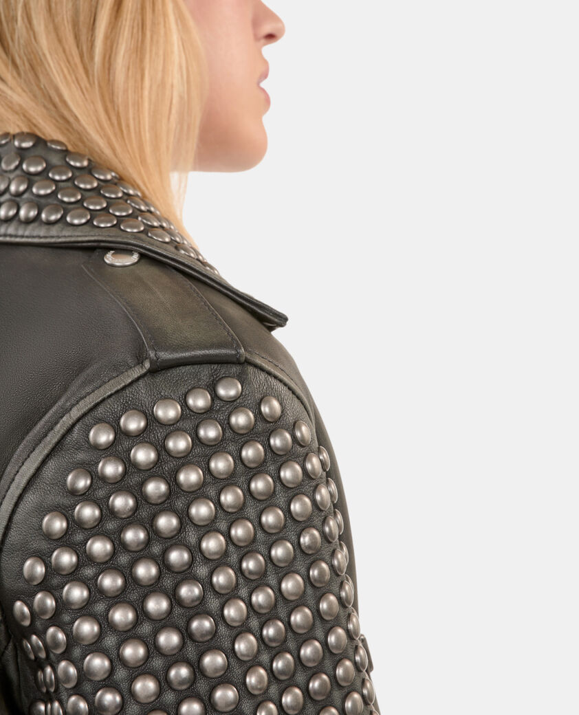 The Kooples FEMME BLACK blouson clout&eacute; en cuir noir