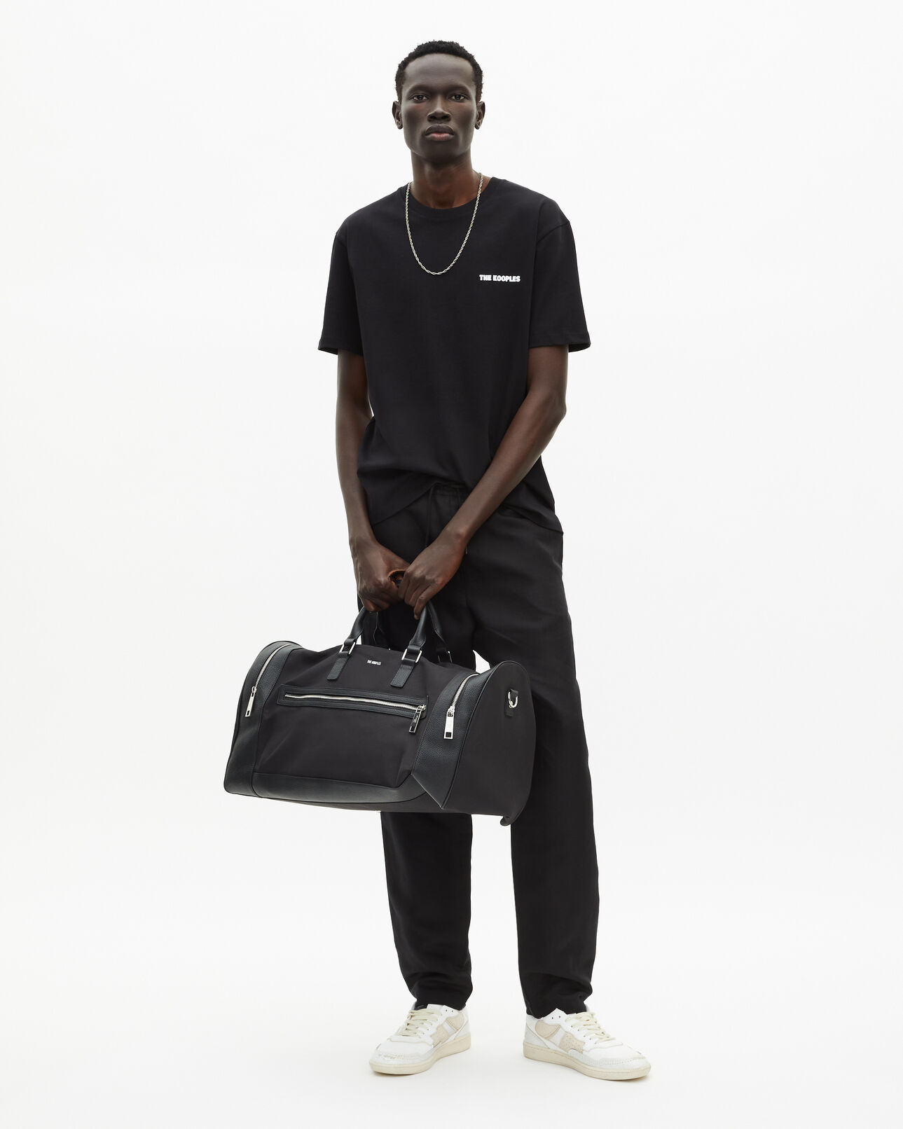 The Kooples MEN BLACK black leather and canvas weekend bag
